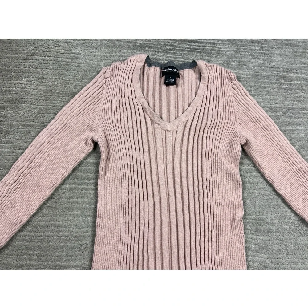 Liz Claiborne Sweater Womens Medium‎ Pink Stretch Longsleeve VNeck Ribbed Career